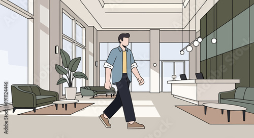 Modern Office Reception Area With A Man Walking Confidently