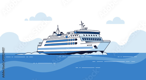 Modern Passenger Ferry Sailing Through Blue Ocean Waves Under Cloudy Sky