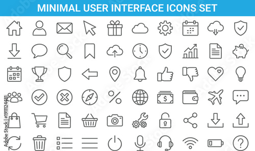 Minimal user interface icons set for web mobile apps including navigation communication security finance settings flat vector design