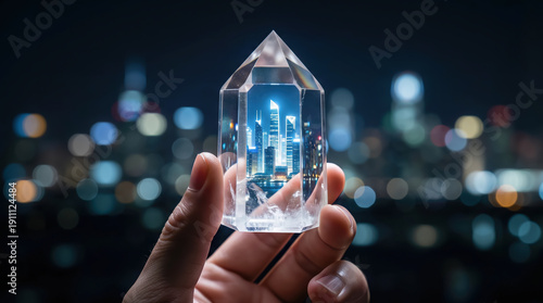 Future vision of urban clarity held in hand through quartz crystal reflecting smart city infrastructure, innovation and digital growth