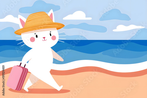 Cute white cat wearing a straw hat is walking along a sandy beach, carrying a pink suitcase, with waves and clouds in the background, embodying a joyful vacation spirit