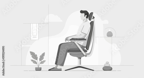 Modern Person Relaxing In Ergonomic Chair With Zen Elements