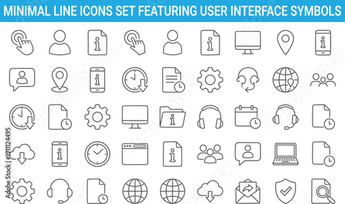 Minimal line icons set featuring user interface symbols, communication, documents, settings, cloud, global network, support, information technology concepts