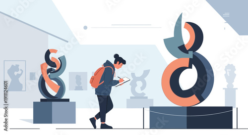 Modern Sculpture Gallery Exhibition With Visitor Sketching Artworks