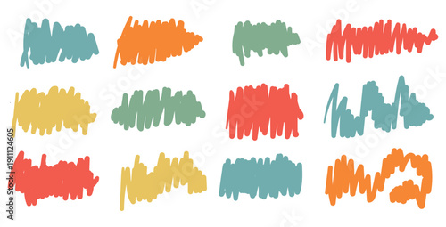 Collection of twelve colorful hand drawn scribble brush strokes and paint marks showcasing abstract texture elements in a vibrant artistic arrangement