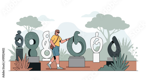 Modern Sculptures Outdoor Art Exhibit Person Admiring Abstract Art Installations