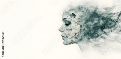 Surreal profile of woman dissolving into puzzle pieces,concept of mental health,emotional awareness and cognitive healing,psychological trauma and inner therapy,copy space for message,internal schism