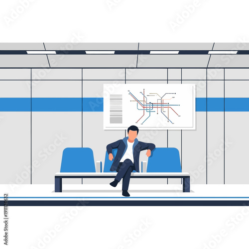 Modern Subway Station Waiting Area With Passenger Examining Map