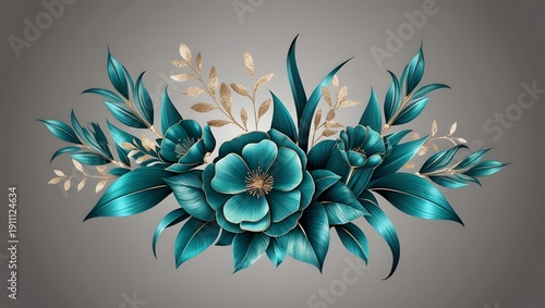 Luxurious floral arrangement with teal petals and golden accents, symbolizing elegance, sophistication, and beauty, perfect for decor, invitations, or upscale branding projects