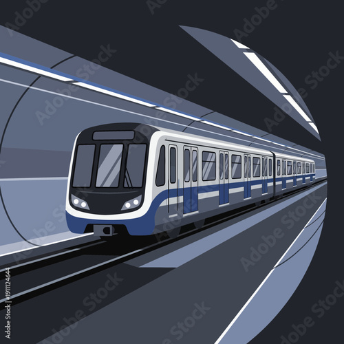Modern Subway Train Speeding Through Underground Tunnel