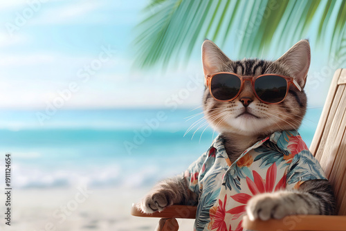 Cat wearing sunglasses and a colorful floral shirt relaxing on a beach chair, with ocean waves and palm trees in the background, embodying a laid-back summer vibe