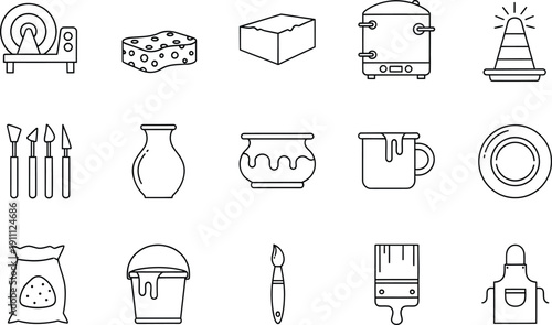 A set of line icons representing various tools, materials, and finished products used in pottery and ceramics