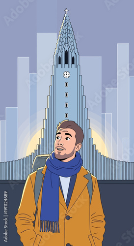 Modern Tourist Exploring Iconic Architectural Landmark In Urban Landscape