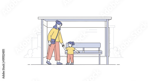 Mother And Child Waiting For Bus At Shelter