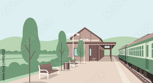 Modern Train Station With Green Passenger Train And Waiting Benches