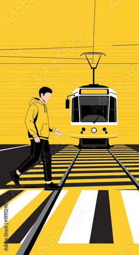 Modern Tram Crossing In City Urban Scene With Pedestrian Walking