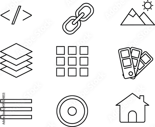 A collection of nine minimalist black line art icons representing common web development and user interface elements