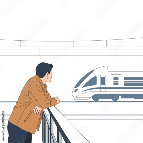 Modern Traveler Awaits High-Speed Train Arrival on Elevated Platform