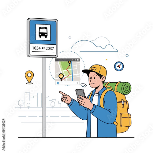 Modern Traveler Uses Smartphone Navigation At Bus Stop for Urban Exploration