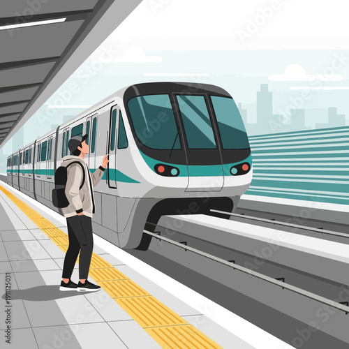 Modern Urban Commute Young Man Waiting for Subway Train Arrival on Platform