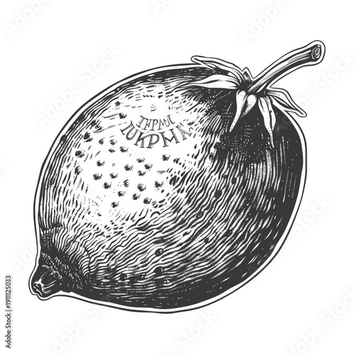 A detailed monochromatic illustration of a stylized fruit with stem