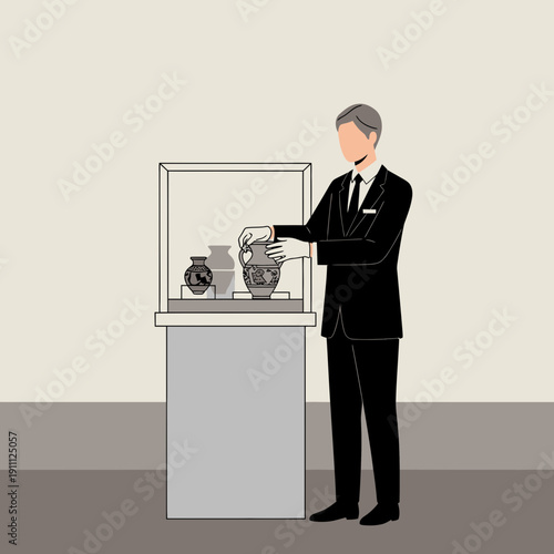 Museum Curator Carefully Handles Ancient Artifacts Within Display Case