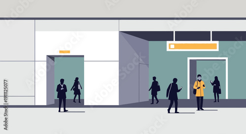 Modern Urban Commuters Waiting For Elevator In Contemporary Building Lobby