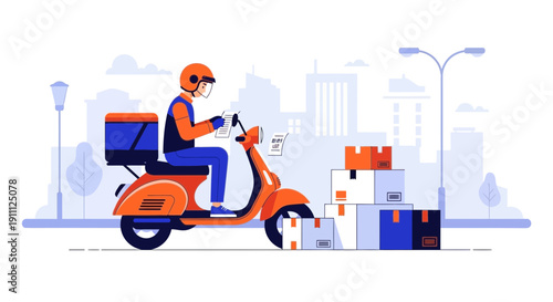 Modern Urban Delivery Courier On Scooter With Packages And Cityscape Background