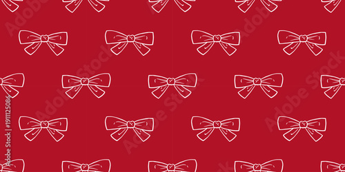 Vector whimsical seamless pattern with hand drawn ribbon bows on red background. Cute charming coquette feminine bow doodle print for wrapping paper, holiday packaging, textile, festive wallpaper.
