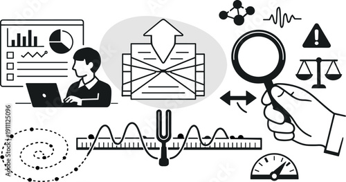 Modern minimal flat vector conceptual collage, crisp hard edges, consistent THIN outline stroke, rounded corners where needed,