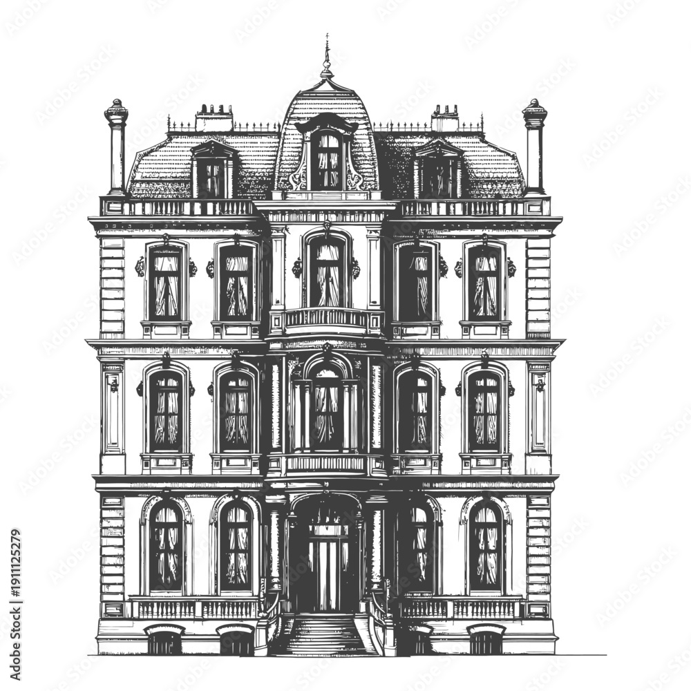 Fototapeta premium An elegant detailed architectural illustration of a beautiful historic house