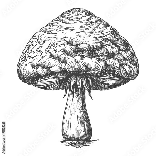 A detailed vintage line art illustration of a large mushroom