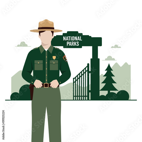 National Park Ranger Standing Guard At Iconic Entrance Gate