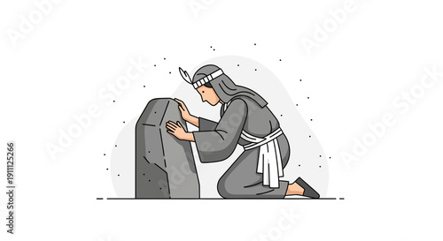 Native American Person Bowing Before Sacred Stone Ancient Spirituality Reverence