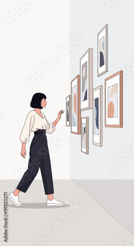 Modern Woman Appreciating Abstract Art In Gallery Minimalist Display