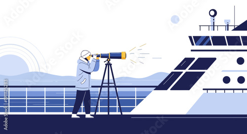 Navigator Gazing Through Telescope Toward Distant Horizon From Ship Deck