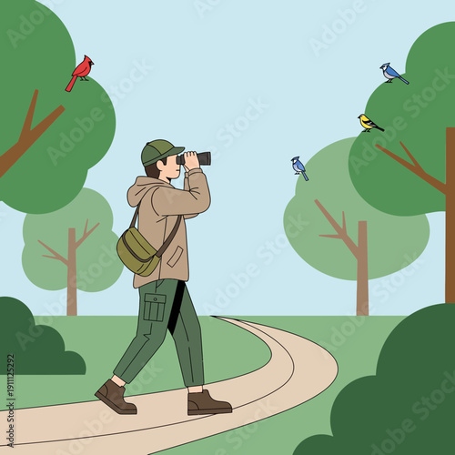 Nature Enthusiast Observing Birds in a Serene Woodland Setting