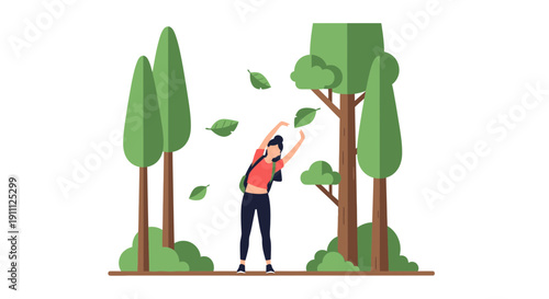 Nature Embrace Woman Stretching Amongst Falling Leaves In A Forest