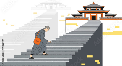 Monk Ascends Grand Staircase Towards Traditional East Asian Temple Architecture