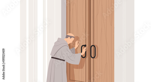 Monk At The Wooden Doors Seeking Spiritual Guidance
