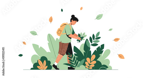 Nature Explorer Gathering Plants Amidst Autumnal Foliage
