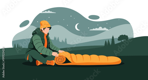 Nighttime Wilderness Camping Preparations With Sleeping Bag Setup