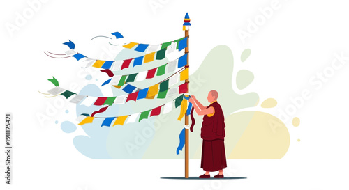 Monk Attaching Prayer Flags To Pole In Minimalist Style