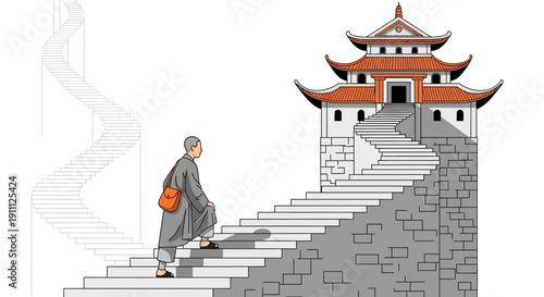 Monk Ascends Stone Steps Towards Ornate Pagoda Temple Building