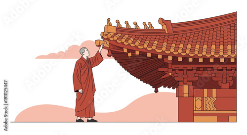 Monk Contemplating Ancient Architecture Under Gentle Sky