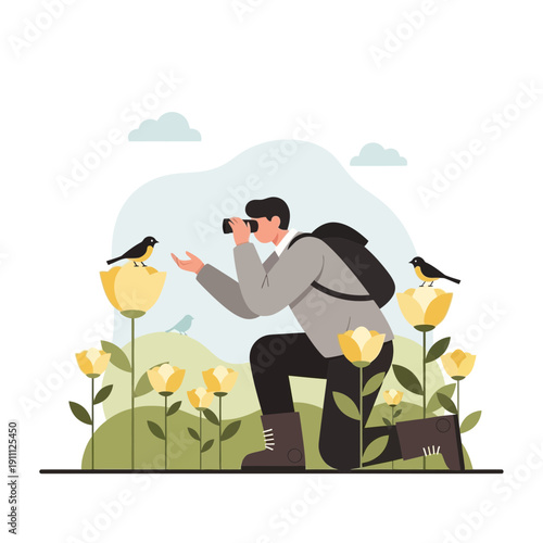 Observant Explorer Discovers Avian Wonders Amidst Blooming Flora