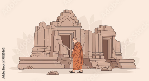 Monk Contemplating Ancient Ruins Serene Spiritual Journey Through Sacred Architecture