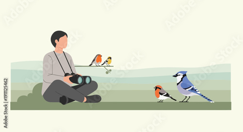 Observant Individual Enjoys Birdwatching In Natural Serene Environment With Various Avian Species
