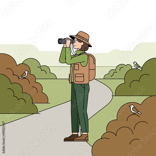 Observant Person Exploring Nature With Binoculars Amidst Lush Greenery And Birds