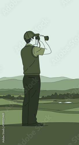 Observant Golfer Scanning Fairway For Strategic Advantage Minimalist Illustration